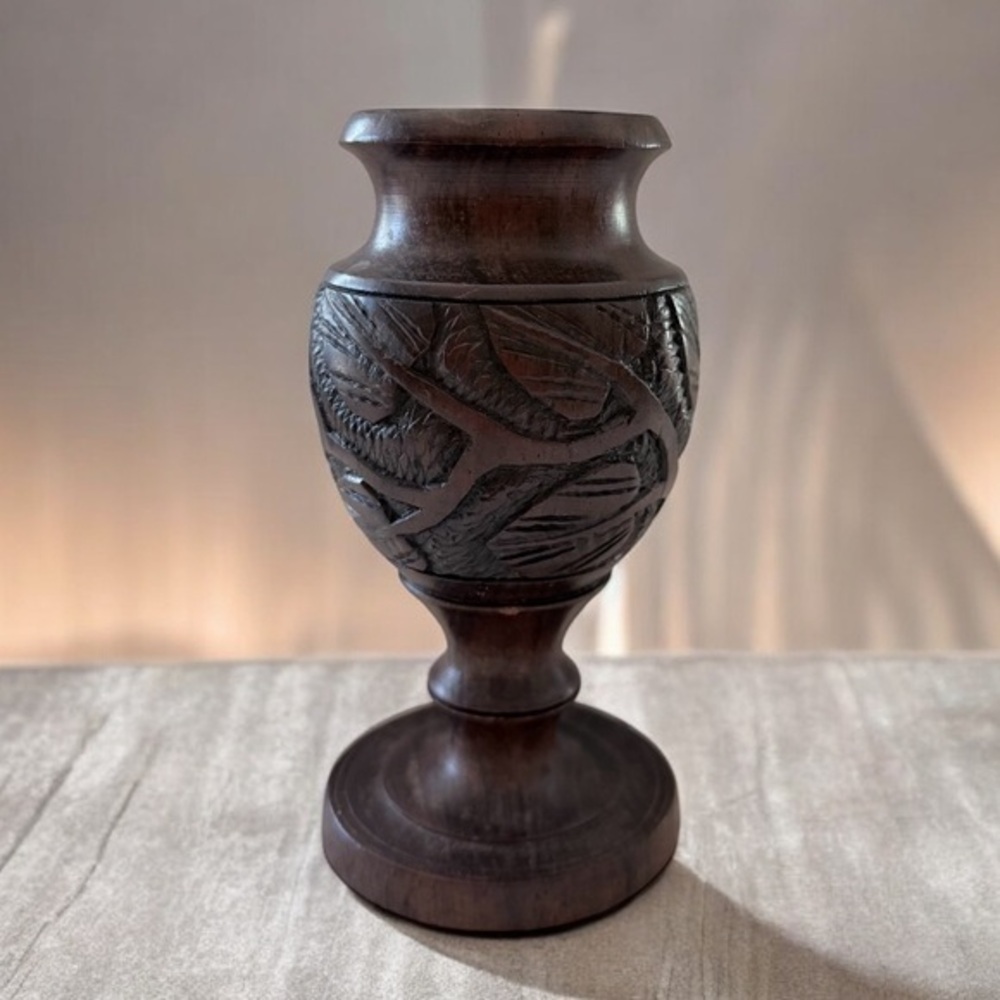Elegant Brown wood carved Decorative Vase 5.4” high